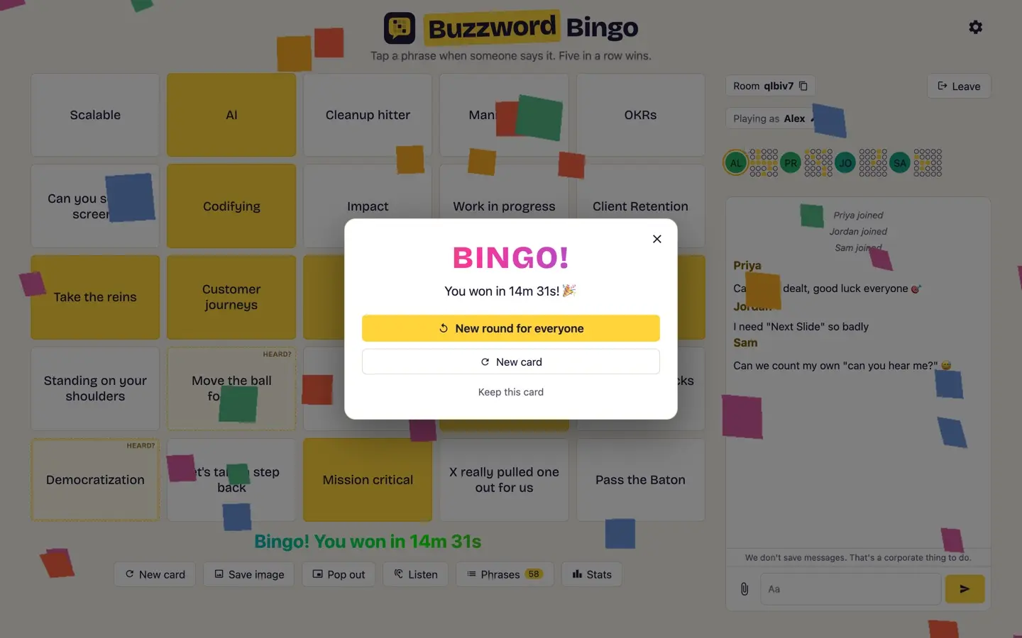 Bingo win dialog after a 14-minute card, with confetti and options for a new round for everyone or a new card