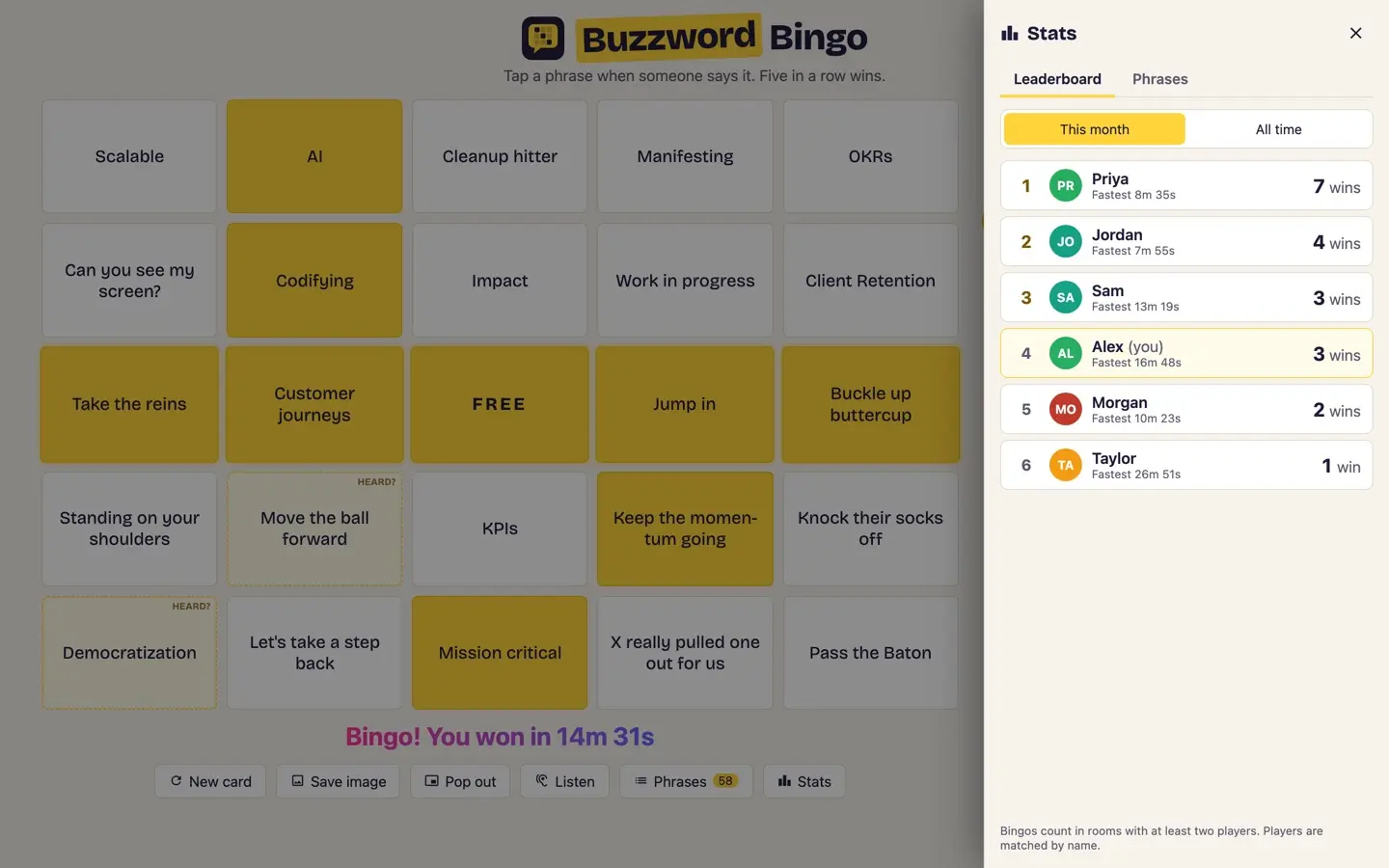 Stats drawer showing this month's leaderboard, ranking players by wins with each one's fastest bingo