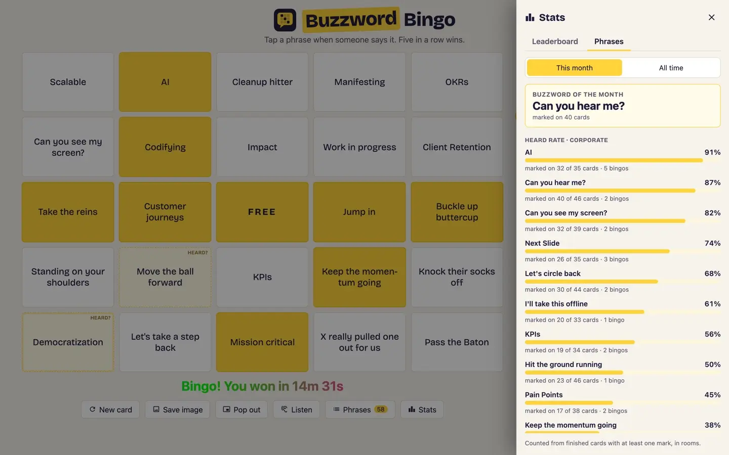 Phrase stats with "Can you hear me?" as buzzword of the month, and each phrase's heard rate across finished cards