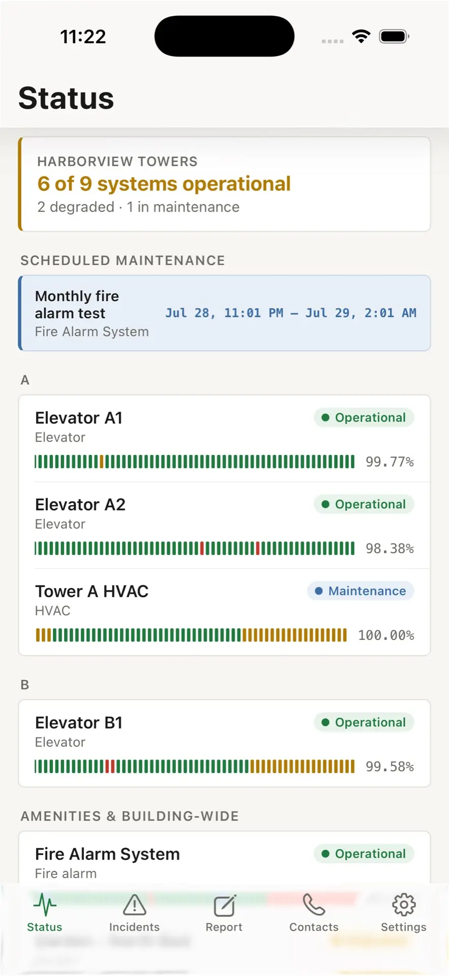 CondoPulse mobile app status screen with asset uptime bars grouped by tower and tabs for status, incidents, reporting, and contacts