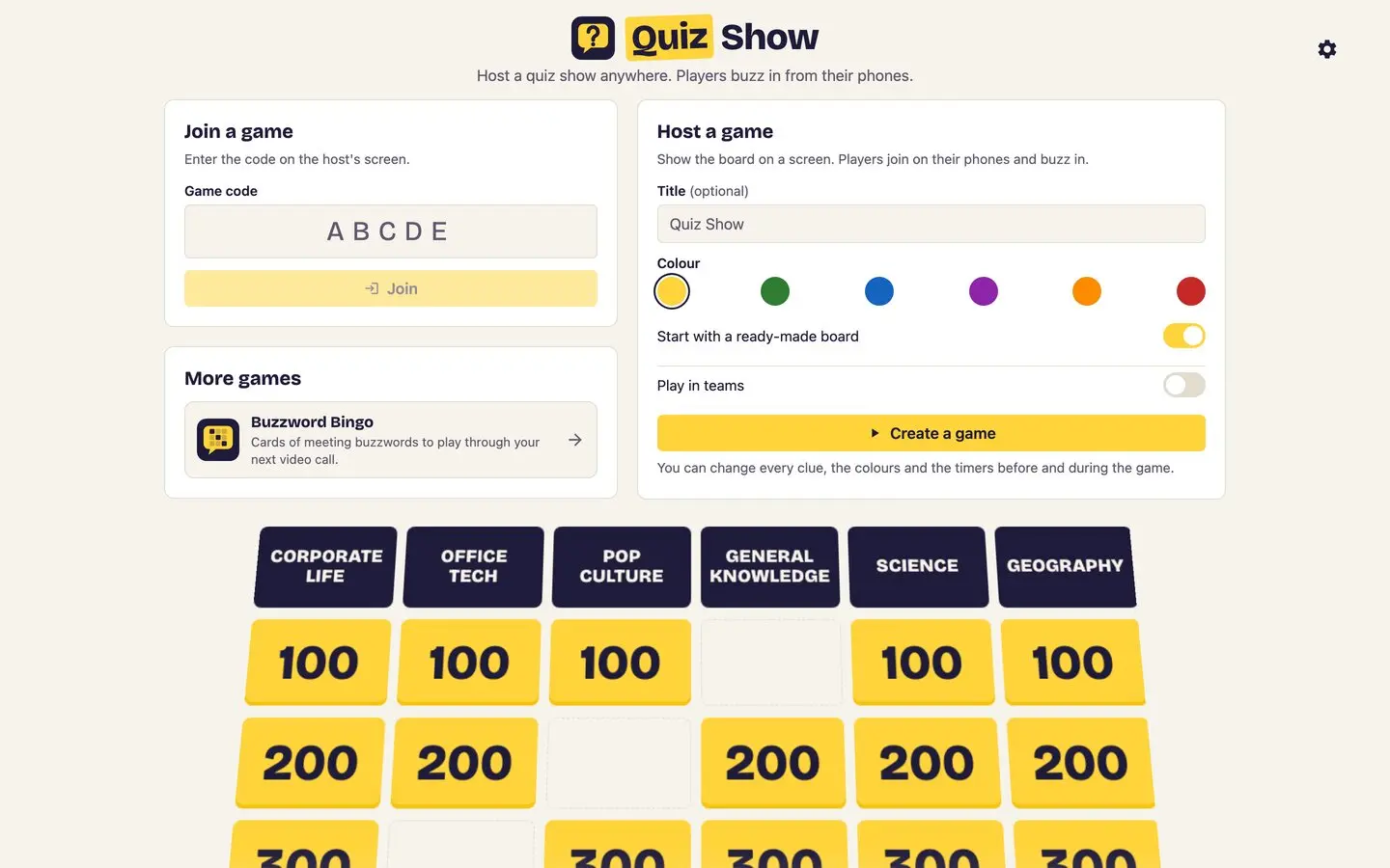 Landing page: join with a code, or host a game with a title, a color, and a ready-made board, with a link to Buzzword Bingo