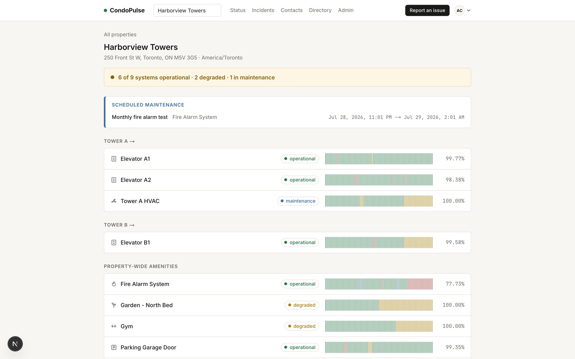 CondoPulse property status page for Harborview Towers, showing per-tower assets with 90-day uptime bars and a scheduled maintenance window