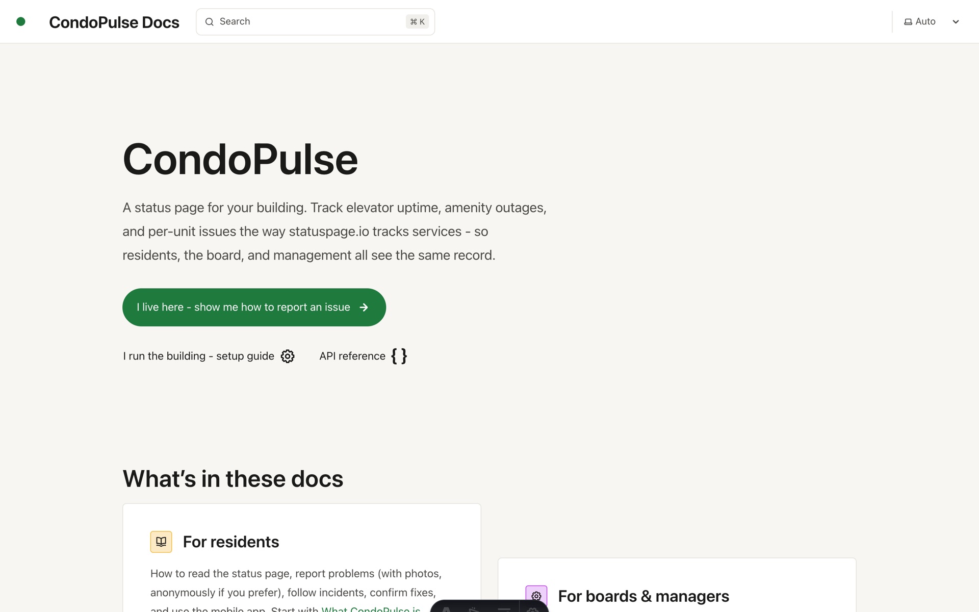 CondoPulse Starlight documentation site with separate entry points for residents, boards and managers, and the REST API reference
