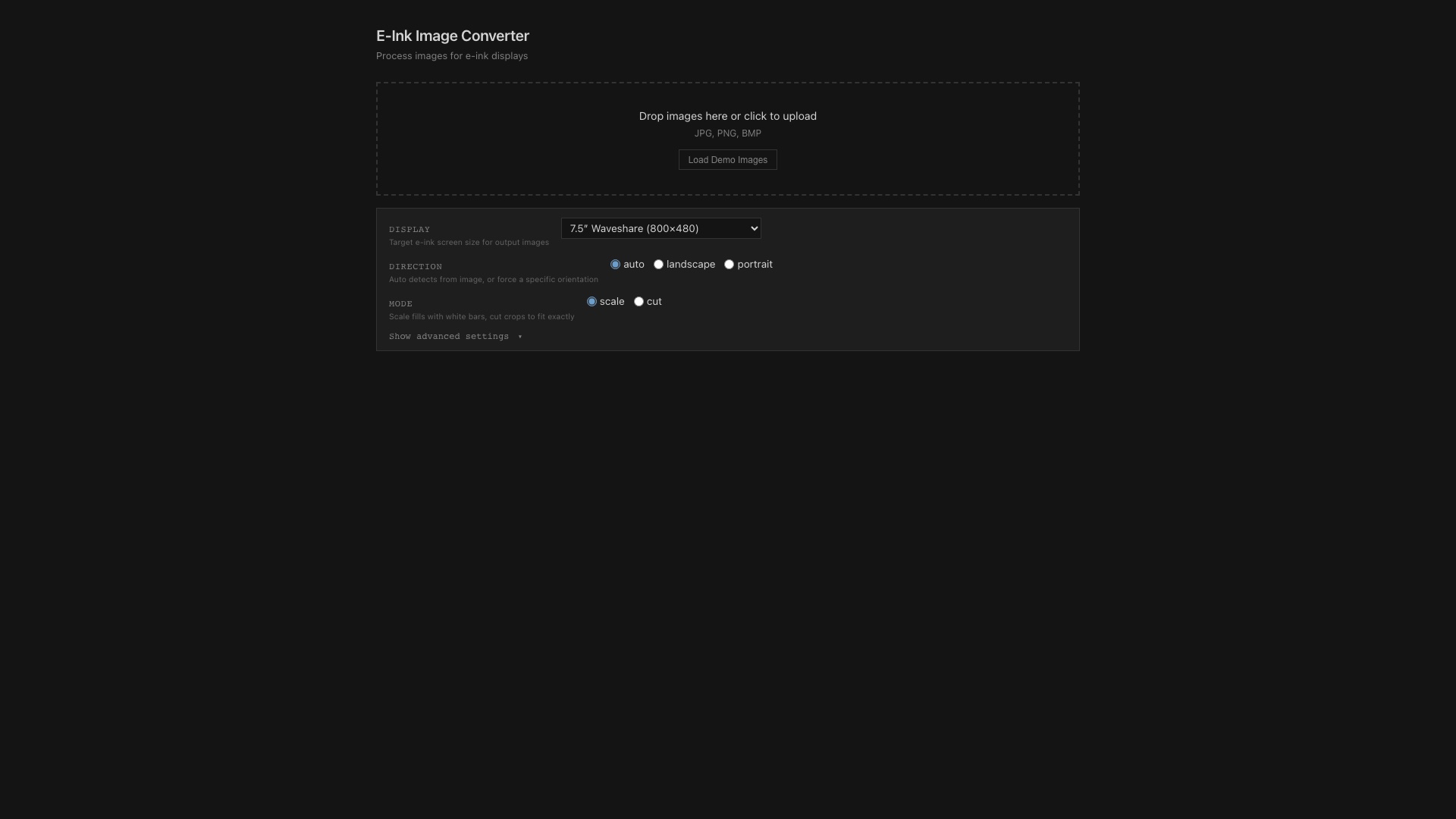 E-Ink Image Converter homepage with upload dropzone and display settings