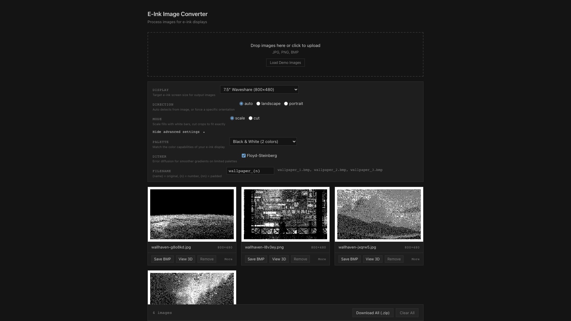 Advanced settings with palette, dithering, and filename template options