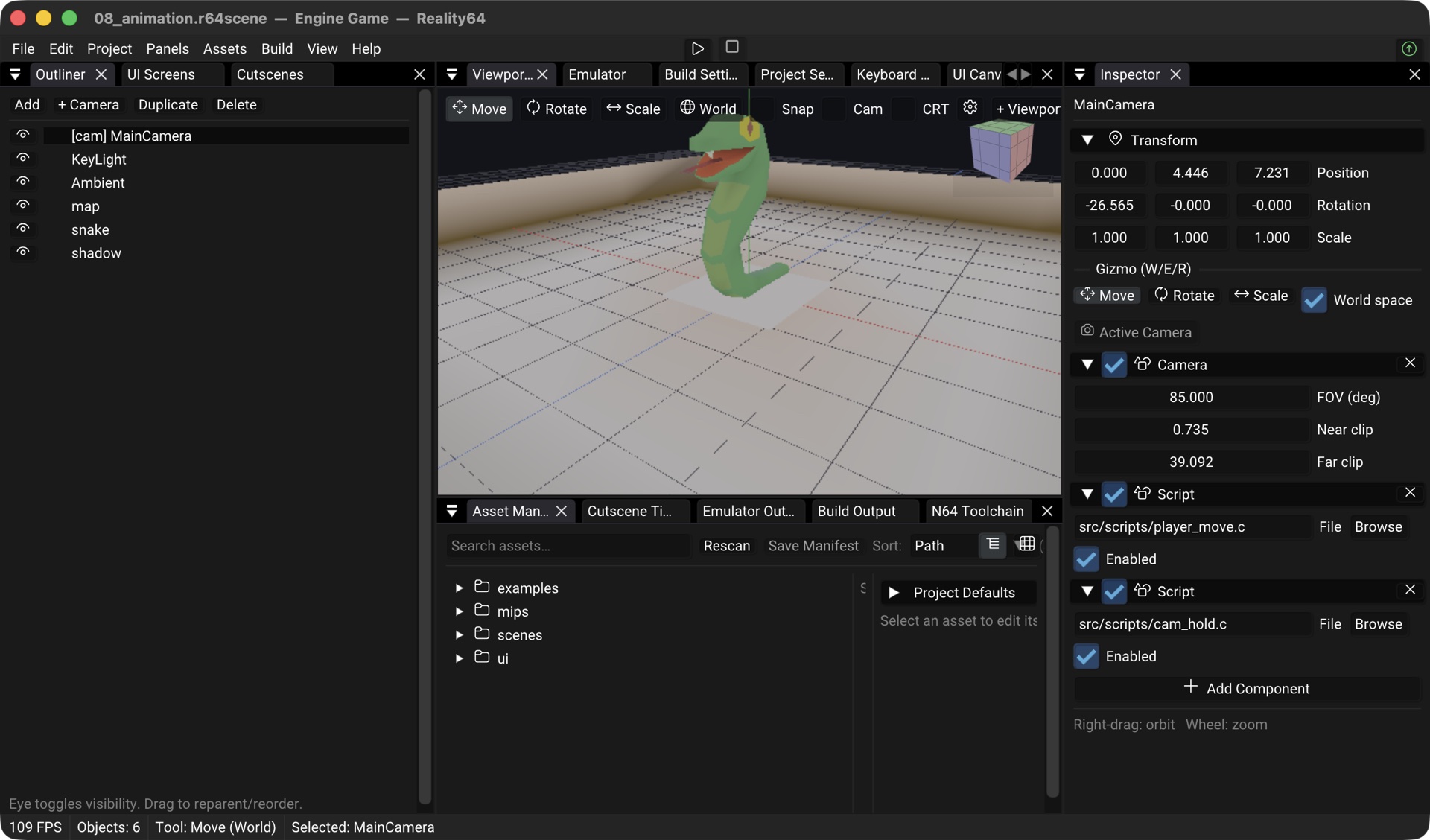 Skeletal animation demo scene with an animated character in the editor viewport
