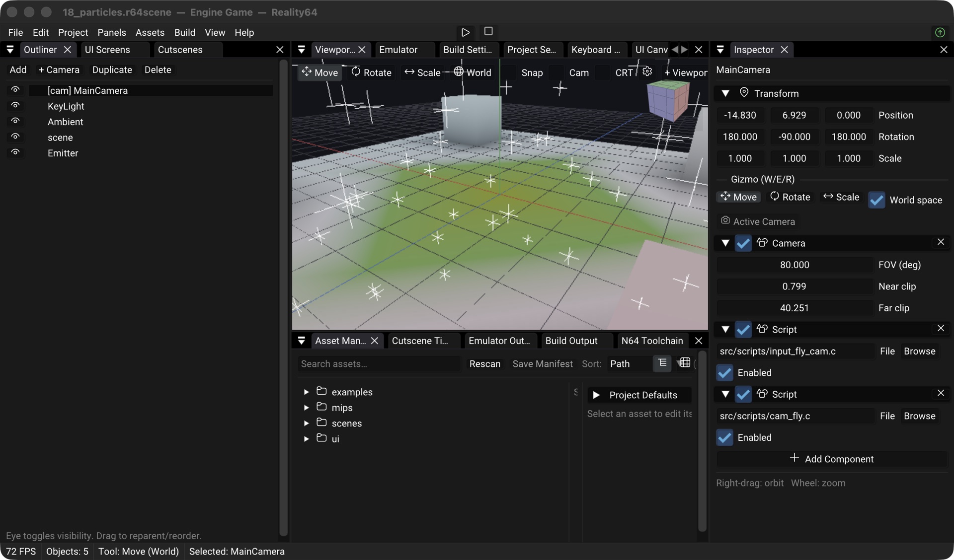 Particle emitter demo scene previewed live in the editor viewport