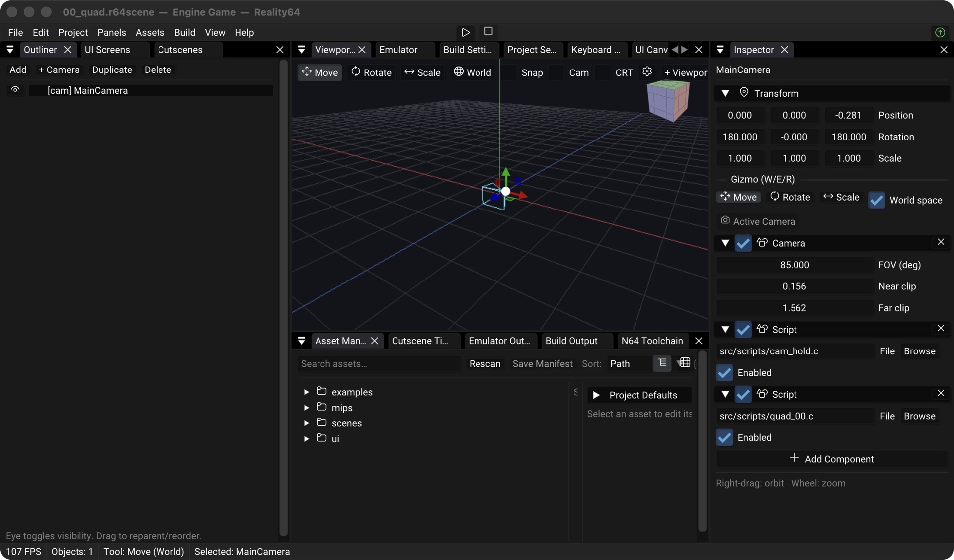 Editor layout with asset manager, per-object scripts, and camera components
