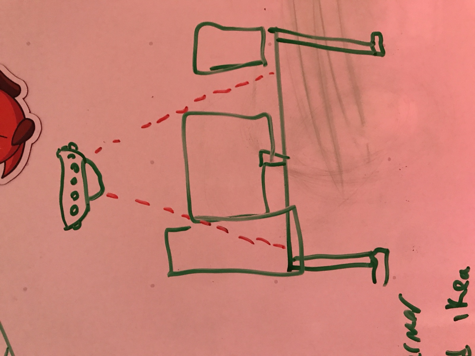 The original whiteboard sketch: a UFO beaming down at the desk